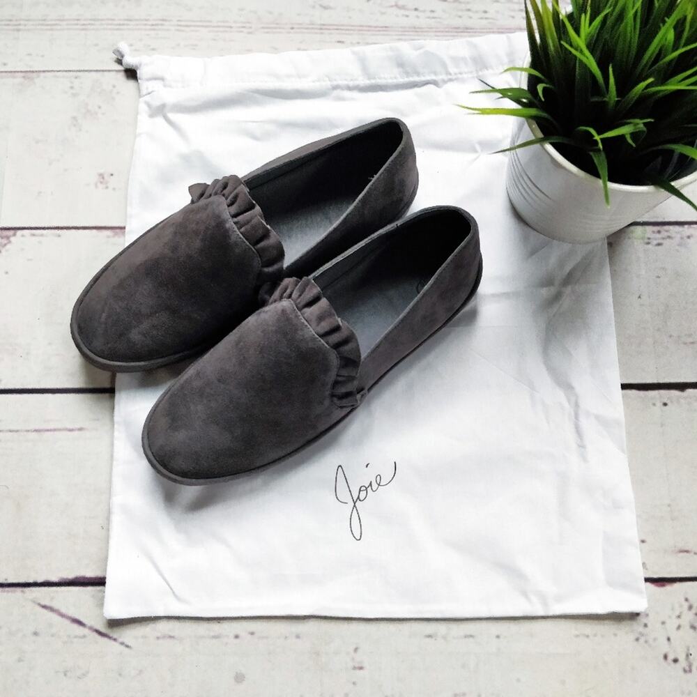 JOIE Dee Ruffle Suede Slip-On Sneaker Loafer Coal Grey 37.5/7.5 NWOB